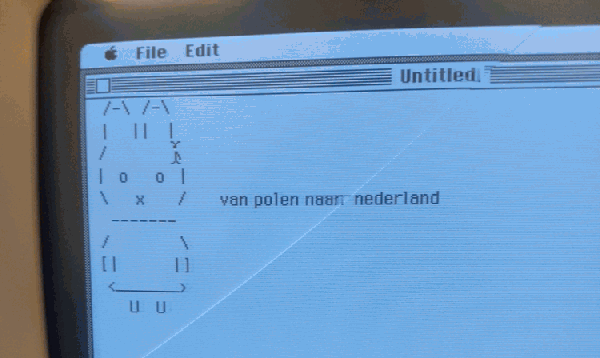 ASCII art of Miffy with text 'van polen naar nederland' made on a Macintosh Plus